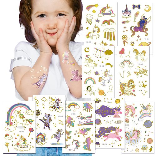 Ooopsiun Glitter Temporary Tattoos for Girls, 9 Sheets Gold Birthday Party Supplies Decorations for Kids, Fake Tattoos Stickers