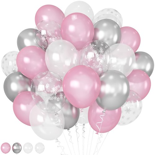 HILAVO Pink and Silver Balloons 12 Inch Winter Onederland Snowflake Balloon Pearl Pink White Silver Metallic Latex Party Balloons for Frozen Christmas Wonderland Girl Birthday Baby Shower Decorations