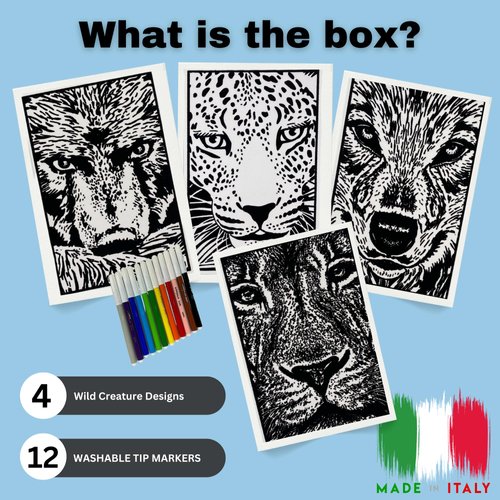 4 Pack Velvet Coloring Posters for Kids- Predators- Arts & Craft Kit Includes a Lion, Bear, Cheetah, Wolf and 12 Felt Tip Markers- Ideal for Travel- Boys and Girls 3+