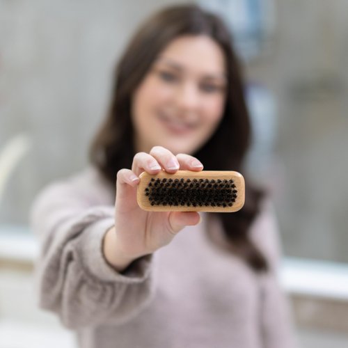 GranNaturals Palm Size Wide Boar Bristle Teasing Brush & Smoothing Brush for Slick Back Hair, Edge Control, Backcombing to Create Sleek Hairstyle - Wooden Wide Portable Handle