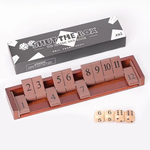 Shut The Box Dice Game 11'' Length Wooden Board w/Big Clear 12 Numbers, 2 Classic Dice & 2 Number Dice, Storage Bag for Easy Carrying, Detailed Rules, for Grandkids, Grandparents, Retirees, Classroom