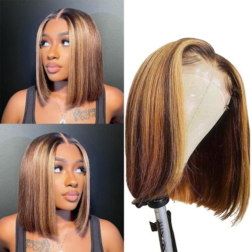 Lovigs Blonde Highlight Bob Wigs Human Hair Natural Hairline Short Bob Wig Straight Hair 13x4 Lace Front Wigs for Black Women Brazilian Virgin Human Hair Ombre Brown Honey Blonde Wig(14 Inch)