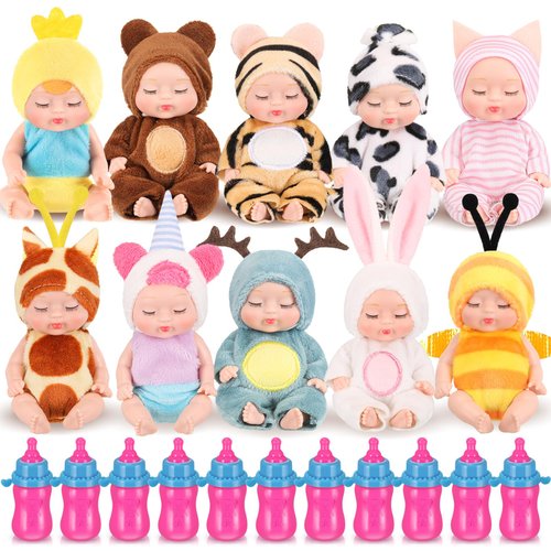 10 Pcs 4 Inch Mini Baby Dolls Realistic Baby Doll Animal Clothes Cute Tiny Babies Gifts Set with 10 Pcs Nursing Bottles for Boys Girls Toddlers Kids 3+ Birthday Gift Big Fillers