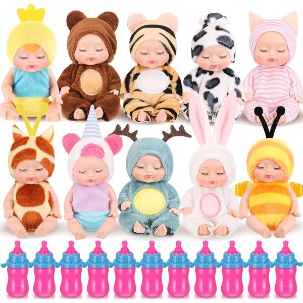 10 Pcs 4 Inch Mini Baby Dolls Realistic Baby Doll Animal Clothes Cute Tiny Babies Gifts Set with 10 Pcs Nursing Bottles for Boys Girls Toddlers Kids 3+ Birthday Gift Big Fillers