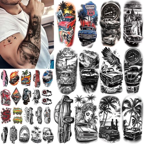 77 Sheets Cars Temporary Tattoo for Women Men, 17 Sheets Half Arm Race Car Fake Tattoos, 60 Sheets Black Holiday Truck Theme Tiny for Adult Kids Body Tattoos Stickers Waterproof Realistic
