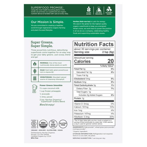 Navitas Organics Superfood+ Greens Blend for Detox Support (Moringa + Kale + Wheatgrass), 6.3oz Bag, 30 Servings — Organic, Non-GMO, Vegan, Gluten-Free, Keto & Paleo.