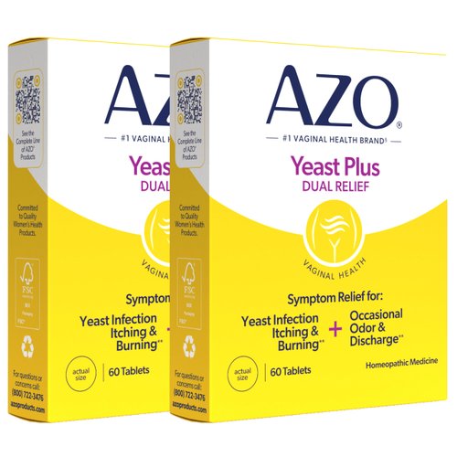 AZO Yeast Plus Dual Relief Homeopathic Medicine | Yeast Infection Symptom Relief: Itching & Burning | Vaginal Symptom Relief: Occasional Odor & Discharge | #1 Most Trusted Brand | 2 Pack (60ctx2)