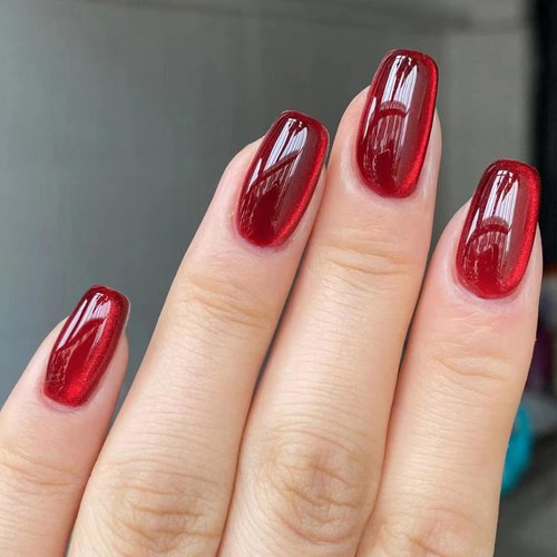 ArtiClaws Press On Nails Medium Square Red Cat Eye 24Pcs False Nails Acrylic Glitter Glossy Nails...