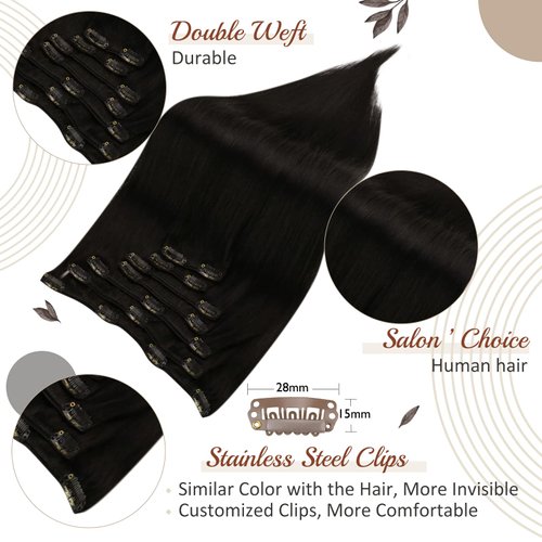 Full Shine 24 Inch Black Human Hair Clip in Extensions Silky Striaght Brazilian Human Hair Extensions Clip ins Natural Black Remy Hair Extensions for Long Hair 7 Pcs/120 Grams