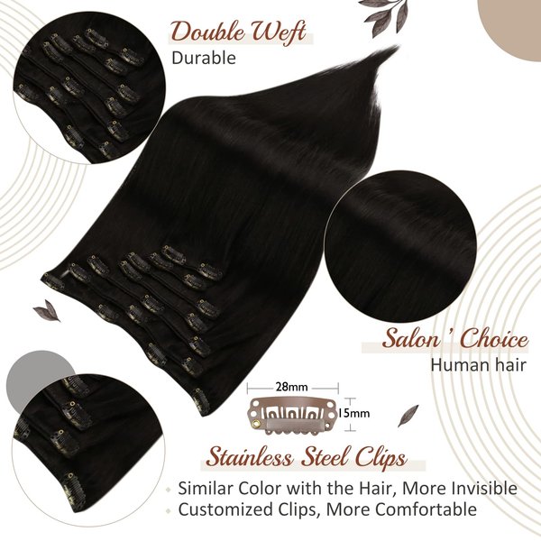 Full Shine 24 Inch Black Human Hair Clip in Extensions Silky Striaght Brazilian Human Hair Extensions Clip ins Natural Black Remy Hair Extensions for Long Hair 7 Pcs/120 Grams