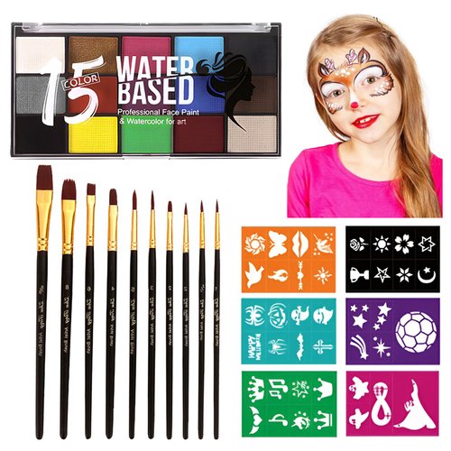 15 Color Face Paint Kit, Professional Face Painting Kit SFX Makeup Palette, Water Activated Body Paint for Cosplay Halloween Party for Kids and Adults Safe Non Toxic with 12 Pcs Brush & Stencils Matte