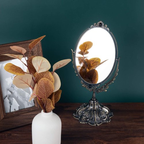 Feyarl 11.2 inch Metal Vintage Makeup Mirror Floral Tabletop Oval Vanity Swivel Double Sided Mirror with Stand Elegant Decorative for Dressing Room Bedroom (Bronze)