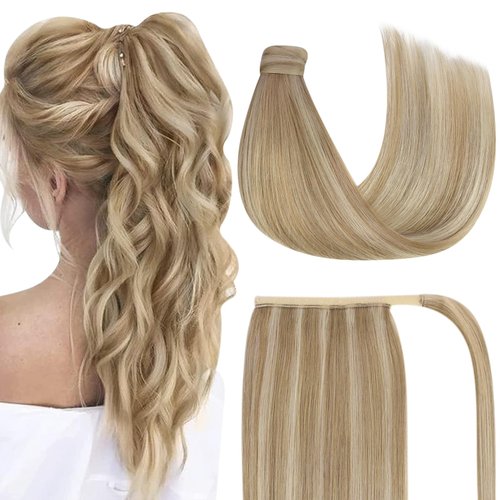 Ve Sunny Human Hair Ponytail Blonde Ponytail Extension Real Human Hair Light Blonde Mix Golden Blonde Real Hair Ponytail Extension Highlights Blonde Clip in Ponytail Hair Extensions 80g 16inch