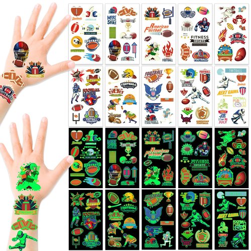 HOWAF Glow Football Temporary Tattoos 80+Pcs Soccer Tattoos Stickers for Football Game Party Favors 10 Sheets Glow in the Dark Rugby Tattoos Stickers American Football Birthday Decoration