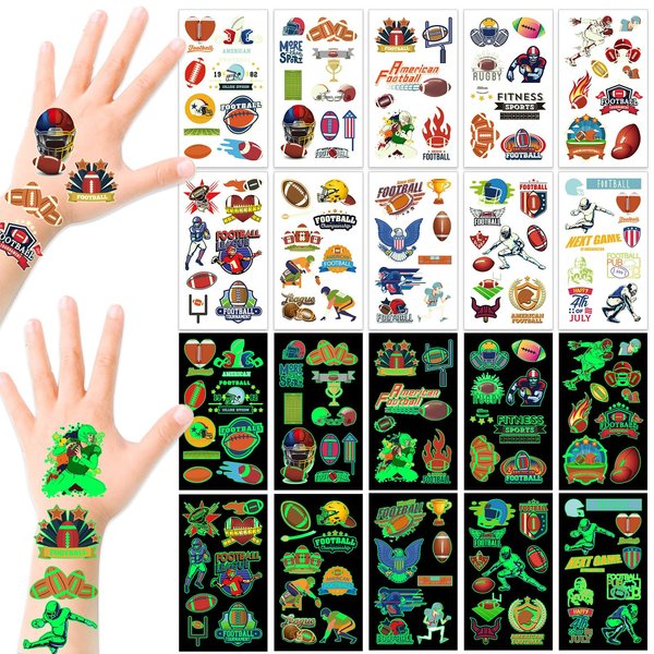 HOWAF Glow Football Temporary Tattoos 80+Pcs Soccer Tattoos Stickers for Football Game Party Favors 10 Sheets Glow in the Dark Rugby Tattoos Stickers American Football Birthday Decoration