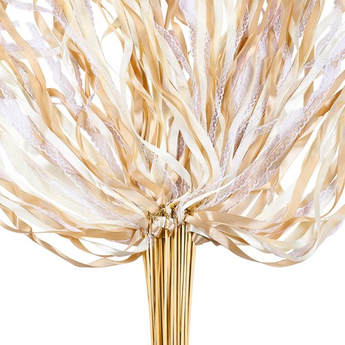 Taiyin 150 Pcs Lace Ribbon Stick Wands Wedding Wand Streamers with Bell Silk Ribbon Fairy Wand Wedding Send Off Streamer for Wedding Party Favors Baby Shower Holiday(Champagne, Beige)