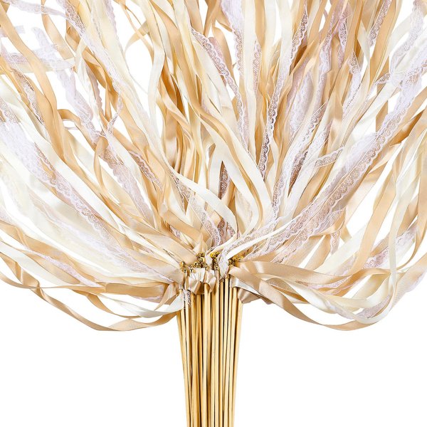 Taiyin 150 Pcs Lace Ribbon Stick Wands Wedding Wand Streamers with Bell Silk Ribbon Fairy Wand Wedding Send Off Streamer for Wedding Party Favors Baby Shower Holiday(Champagne, Beige)