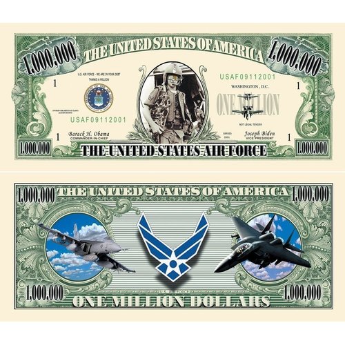 100 US Air Force Commemorative Million Dollar Bills with Bonus “Thanks a Million” Gift Card Set