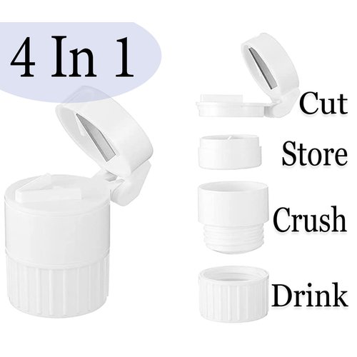 4-in-1 Pill Cutter, Crusher, Storage Container, and Water Cup