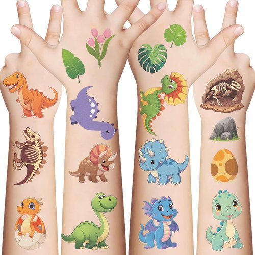 10 Sheets Dinosaur Temporary Tattoos for Kids, Cartoon Dinosaur Birthday Party Favors, Cute Cartoon Decoration Sticker Gifts for Girl Boys Home Activity Class Prizes Carnival Christmas Rewards