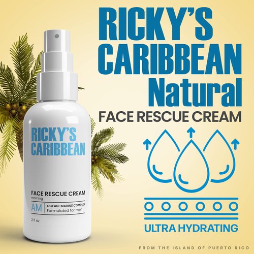 RICKY’S Natural Face Rescue Cream – AM Moisturizer Hydrating & Nourishing Cream – Active Skin Type Ocean Minerals Morning Cream Infused with Organic Green Tea & Vitamin E - Face Cream for Active Man