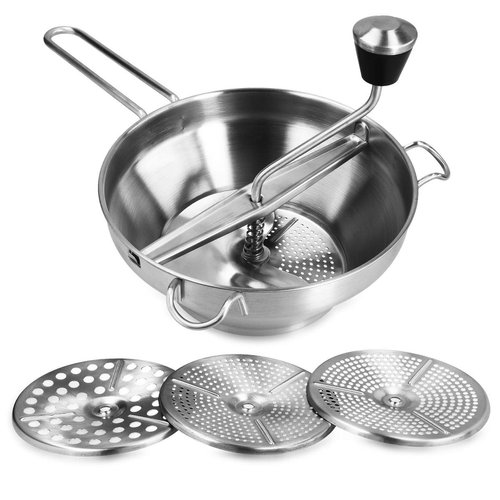 Navaris Food Mill - 8.1" Stainless Steel Rotary Food Mill with Hand Crank and 3 Grinding Discs - Grind & Puree Tomato Sauce, Mashed Potatoes - or for Canning Applesauce