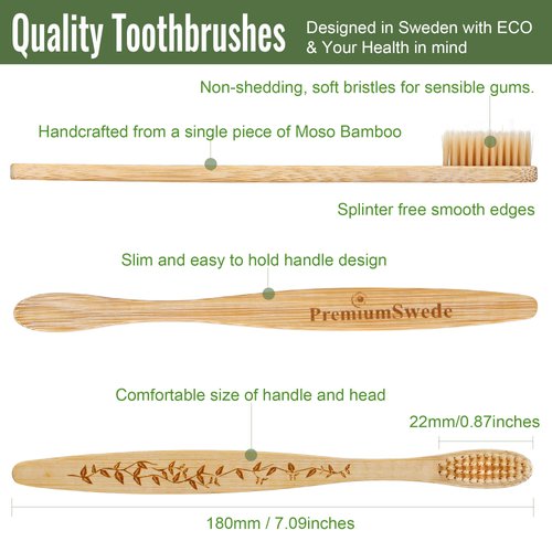 Premiumswede Bamboo Toothbrushes Soft Bristles Adult - 8 Pack Eco-Friendly Bamboo Toothbrushes Individually Wrapped - Sealed Soft Bristle Toothbrush - Biodegradable Natural Wooden Toothbrushes
