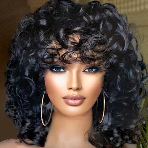 Retoleca Short Curly Wigs for Black Women Afro Big Curly Wig with Bangs Black Soft Bouncy Fluffy Heat Resistant Synthetic Wig for Daily Party Use (Natural Black,14Inch)