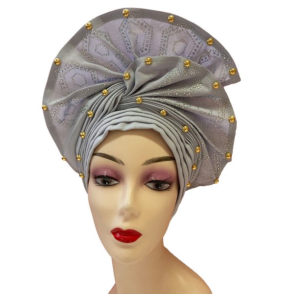 SugeGasa Nigerian Aso Oke Auto Gele Headties with Beads&Stones Already Made African Head Wrap Women Turban Cap Fashion Headbands(Silver)