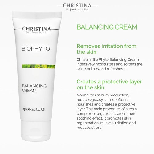 Christina Biophyto Balancing Cream - 75ml Green Tea, Candelula Oil & Aminoacid Complex Balancing Moisturizer - Redness Relief Cream Suitable for Combination, Dry, Normal, Oily & Sensitive Skin Types