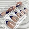 French Tip Press on Nails Medium Almond Fake Nails Blue Nails Tips Star Acrylic Nails with Rhinestone Glue on Nails Glossy Stick on Nails Artificial False Nails for Women Girls 24 Pcs