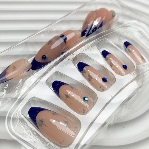 French Tip Press on Nails Medium Almond Fake Nails Blue Nails Tips Star Acrylic Nails with Rhinestone Glue on Nails Glossy Stick on Nails Artificial False Nails for Women Girls 24 Pcs