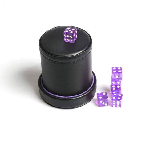 PU Leather Dice Cup Purple Velvet Lined Quiet Shaker with Lid Including 6 Purple Translucent Dice for Liars Dice Farkle Yahtzee Board Games