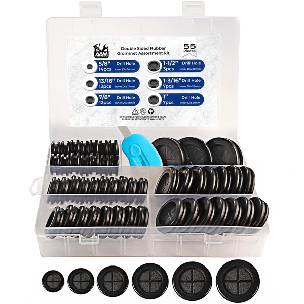 55Pcs Rubber Grommets for Wiring - Double-Sided Rubber Grommet Kit in 6 Assorted Sizes 5/8",13/16",7/8",1",1-3/16",1-1/2"- Ideal Solution for Wire Protection (Black)