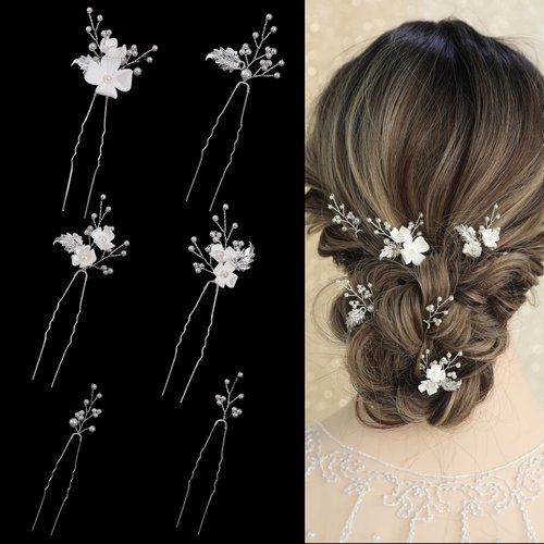 SELFCLOUD Handmade Pearl Bridal Wedding Hair Pins 6Pcs White Flower Gold Leaf Pearls Clips Bridal Hair Accessories for Women Valentines Day Gifts