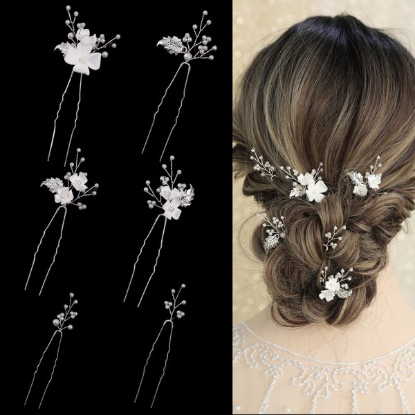 SELFCLOUD Handmade Pearl Bridal Wedding Hair Pins 6Pcs White Flower Gold Leaf Pearls Clips Bridal Hair Accessories for Women Valentines Day Gifts