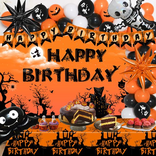 Halloween Birthday Party Decorations, Halloween Themed Birthday Decorations for Kids Adults Scary Happy Birthday Banner Halloween Balloons Tablecloth, Indoor Outdoor Halloween Party Decor Supplies