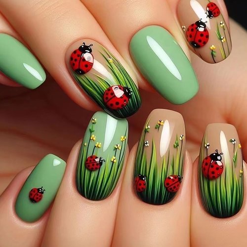 24 Pcs Green Press on Nails Square Shape Summer Ladybug Fake Nails Medium Length Reusable Flowers and Plants Acrylic Nails with Glossy Full Cover Solid Color False Nails Glue on Nails for Women Girls