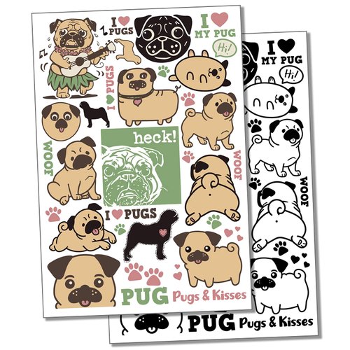 Pug Dog Breed Temporary Tattoo Water Resistant Fake Body Art Set Collection - Black (One Sheet)