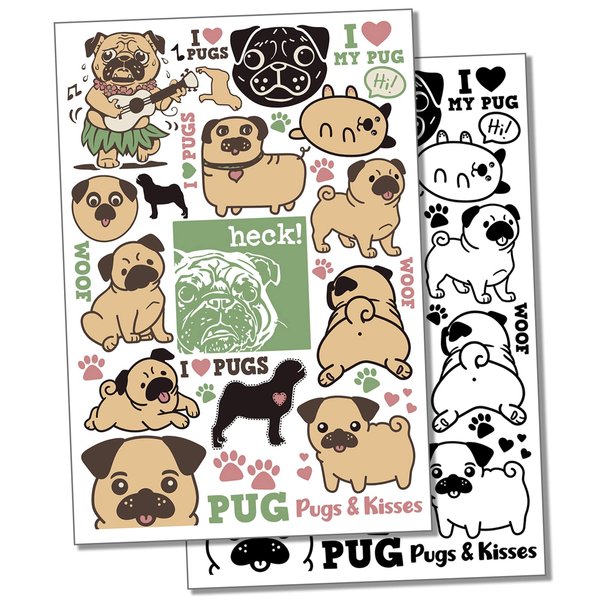 Pug Dog Breed Temporary Tattoo Water Resistant Fake Body Art Set Collection - Black (One Sheet)