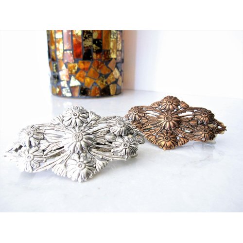 Copper plated brass or silver metal flower filigree hair clip barrette (Primary color: Copper)
