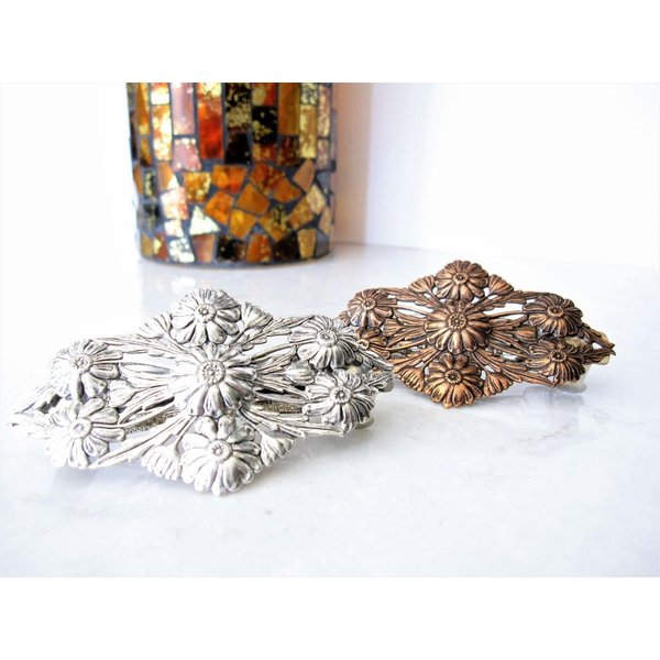 Copper plated brass or silver metal flower filigree hair clip barrette (Primary color: Copper)