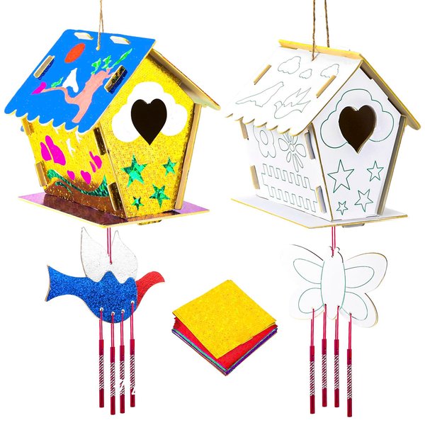 ZYAYE Art & Craft Activity - 2 Pack Bird House Kits for Kids & Foil Fun Birdhouse,No Mess Foil Art Toys,DIY Craft Kits，Wooden Birdhouse Wind Chimes - Halloween，Christmas for Girls & Boys Ages 4-8