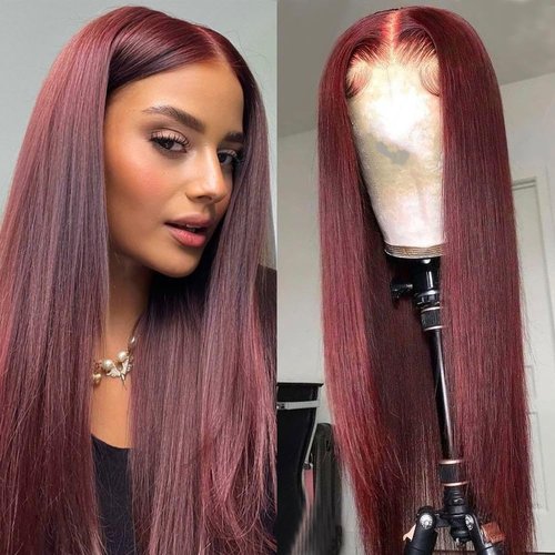 Heberac 13 * 6 Burgundy Straight Lace Front Wigs Glueless Heat Resistant Synthetic Lace Front Wigs Pre Plucked Free Part Frontal Wigs for Black women