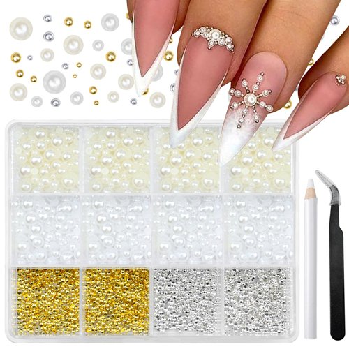 Nail Art Pearls White Flatback Rhinestones Nail Charms Gold Silver Nail Beads Luxurious Nail Art Supplies Half Round Design Nail Gems Nail Jewelry for Women Manicure DIY Nail Accessories Decorations