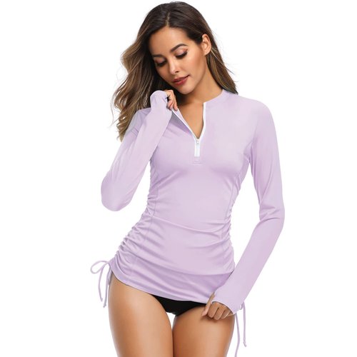 HISKYWIN Women's Long Sleeve UV Sun Protection Rash Guard Side Adjustable Wetsuit Swimsuit Top HF805-Light Purple-L