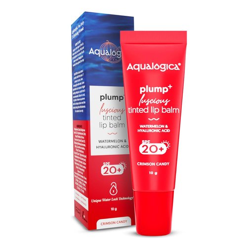 Aqualogica Crimson Candy Plump+ Luscious Tinted Lip Balm with SPF 20+ | with Watermelon & Hyaluronic Acid | Long Lasting Hydration with Sun Protection | Gives Soft Lips | 0.35 Oz/10g