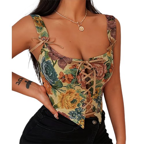 CONCINEROS Women's Summer Vintage Floral Renaissance Corset Top for Women Y2k Tops Sleeveless Drawstring Crop Top Khaki