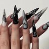 MISUD Press on Nails Long Stiletto Fake Nails Glossy Glue on Nails Almond Acrylic Nails Goth Black Artificial Nails Gothic Butterfly Stick on False Nails with Pearl Design 24 pcs
