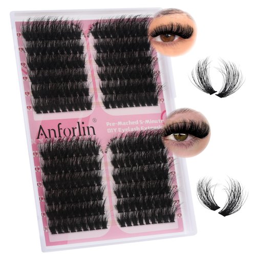 Fluffy Lash Clusters 12-20mm Left&Right Lashes 80D+100D Cat Eye Wispy Eyelash Clusters 216 PCS D Curl Thick Volume Individual Lashes 3D Soft DIY Cluster Eyelash Extensions at Home by Anforlin